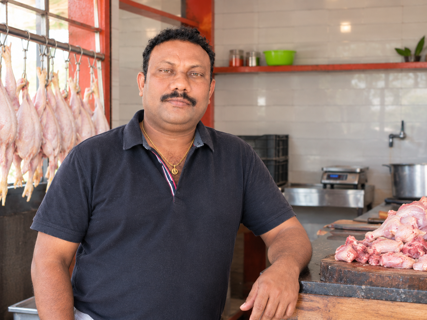Edara Sambasiva Rao, owner of A1 Chicken Center, standing in his shop